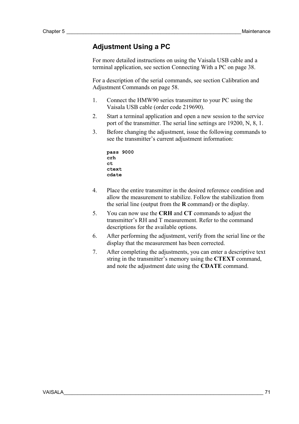 Adjustment using a pc | Vaisala HMW90 User Manual | Page 73 / 110