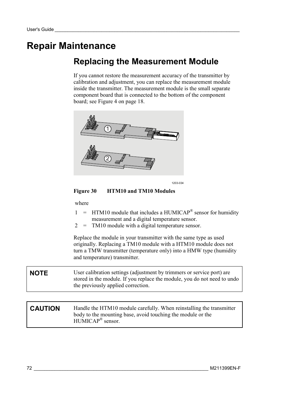 Repair maintenance, Replacing the measurement module, Figure 30 | Htm10 and tm10 modules, N replacing the, Measurement module | Vaisala HMW90 User Manual | Page 74 / 110