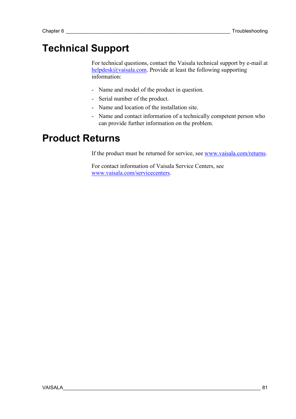 Technical support, Product returns | Vaisala HMW90 User Manual | Page 83 / 110