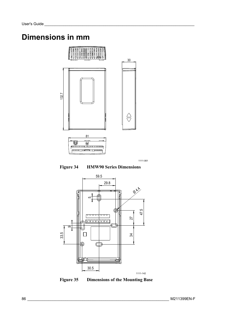 Dimensions in mm, Figure 34, Hmw90 series dimensions | Figure 35, Dimensions of the mounting base, Figure 34 hmw90 series dimensions, Figure 35 dimensions of the mounting base | Vaisala HMW90 User Manual | Page 88 / 110
