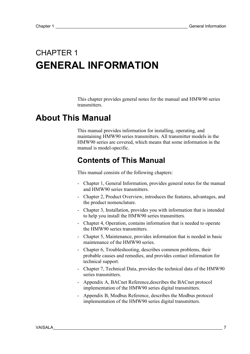 General information, About this manual, Contents of this manual | Chapter 1 | Vaisala HMW90 User Manual | Page 9 / 110
