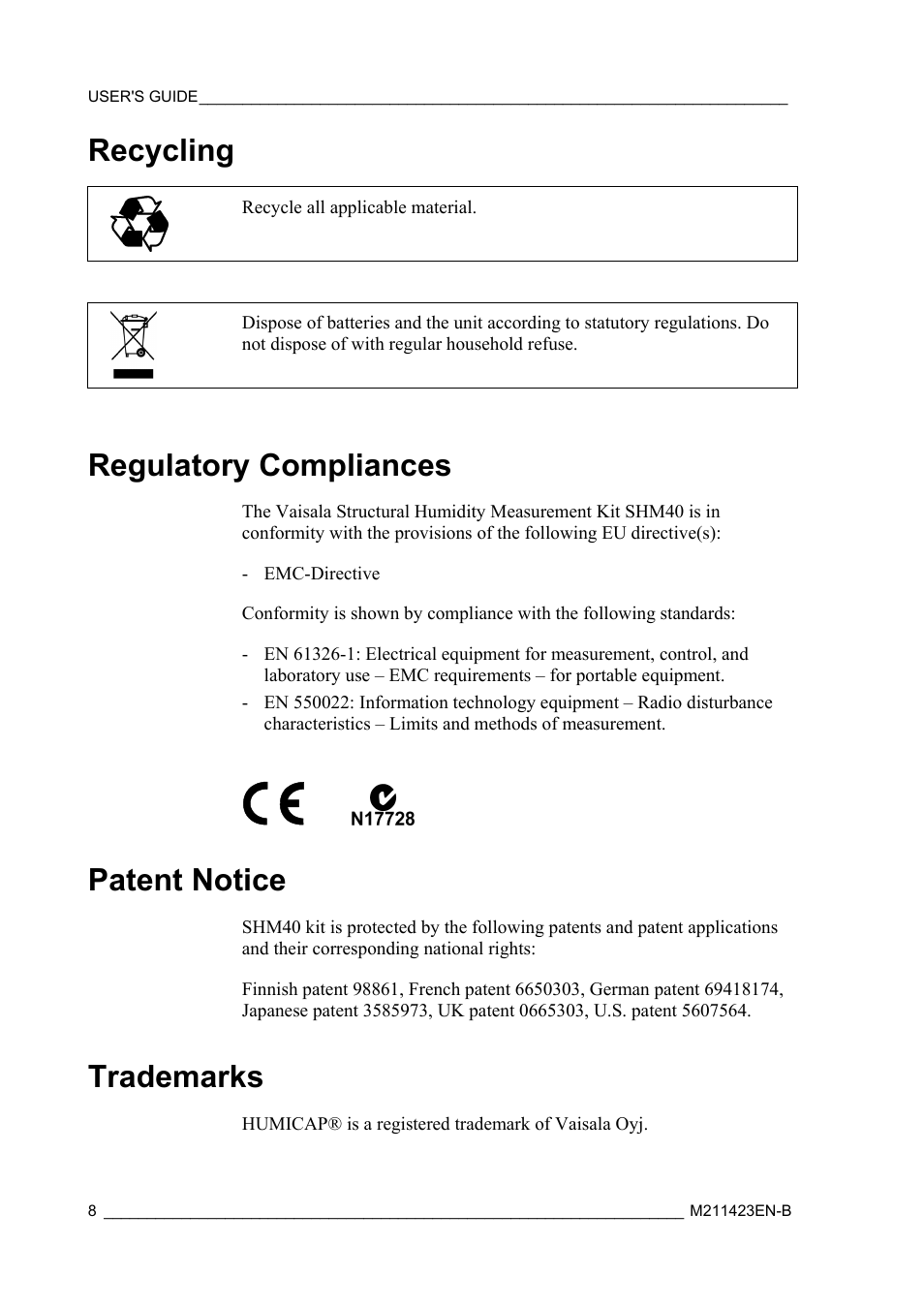 Recycling, Regulatory compliances, Patent notice | Trademarks | Vaisala SHM40 User Manual | Page 10 / 68