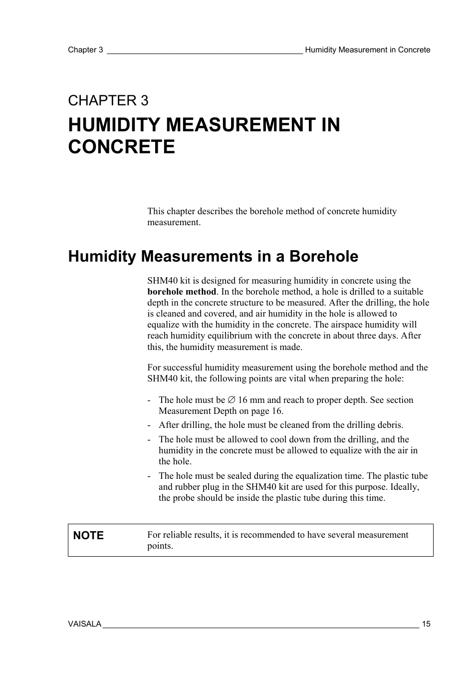 Humidity measurement in concrete, Humidity measurements in a borehole, Method of concrete humidity measurement | Chapter 3 | Vaisala SHM40 User Manual | Page 17 / 68