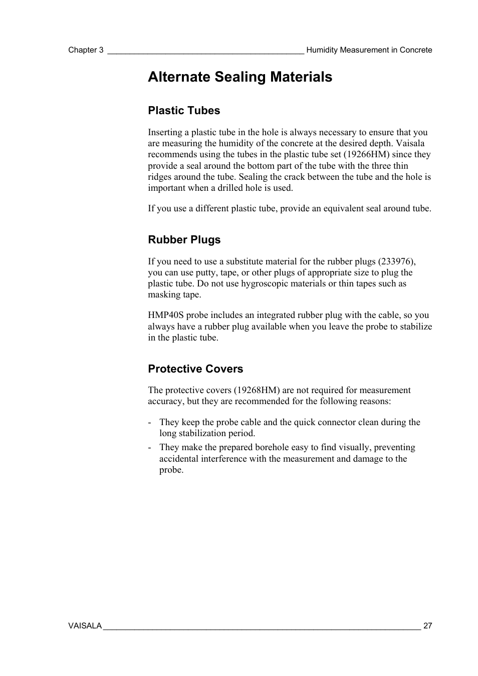 Alternate sealing materials, Plastic tubes, Rubber plugs | Protective covers | Vaisala SHM40 User Manual | Page 29 / 68