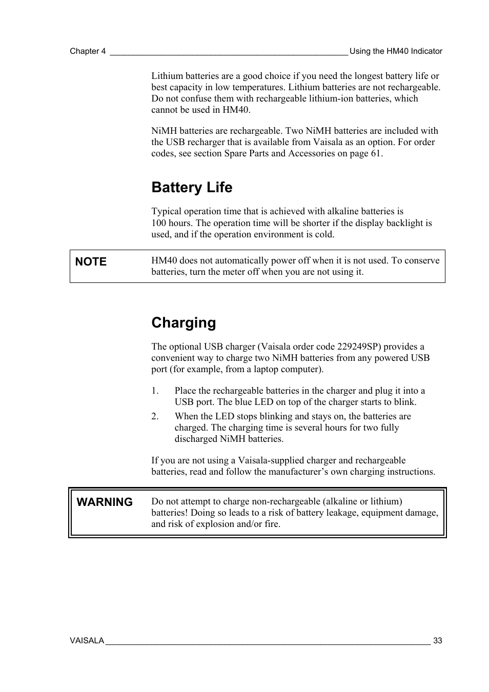Battery life, Charging | Vaisala SHM40 User Manual | Page 35 / 68