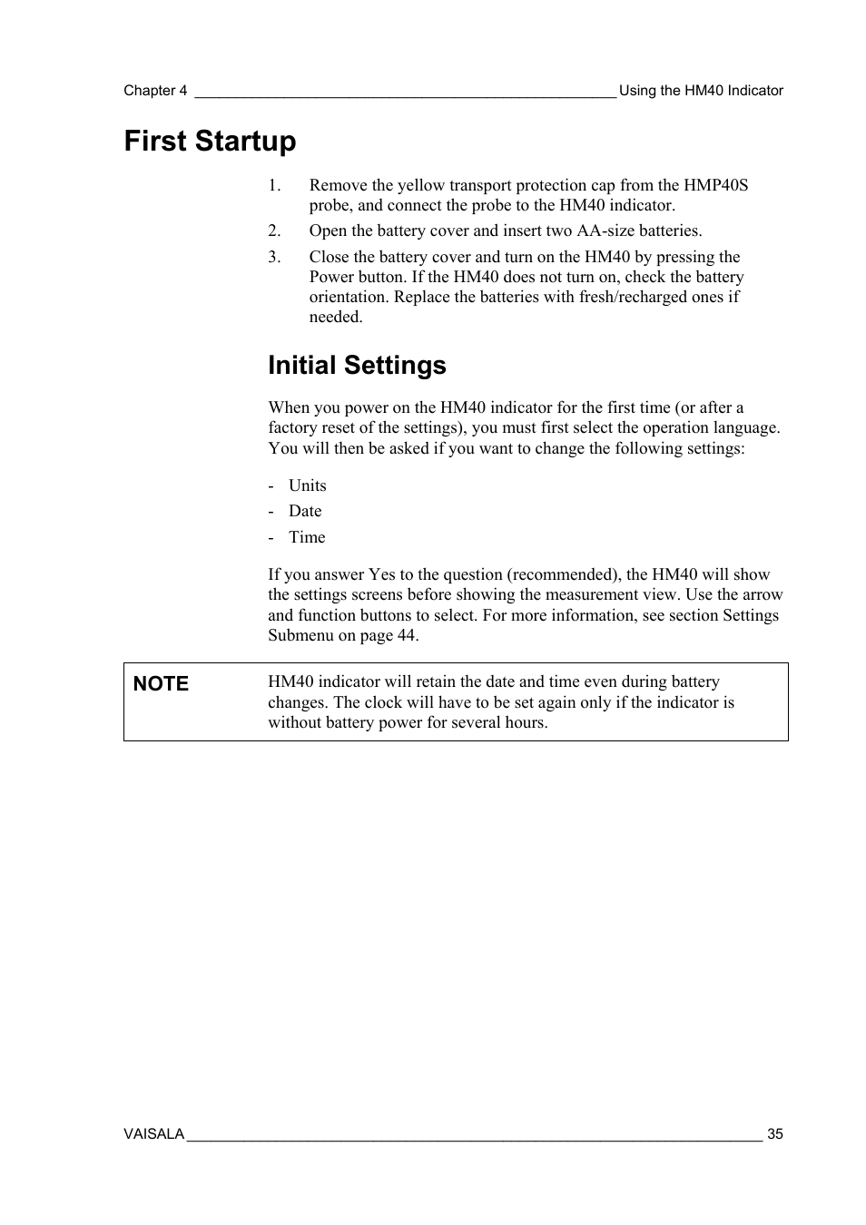 First startup, Initial settings | Vaisala SHM40 User Manual | Page 37 / 68