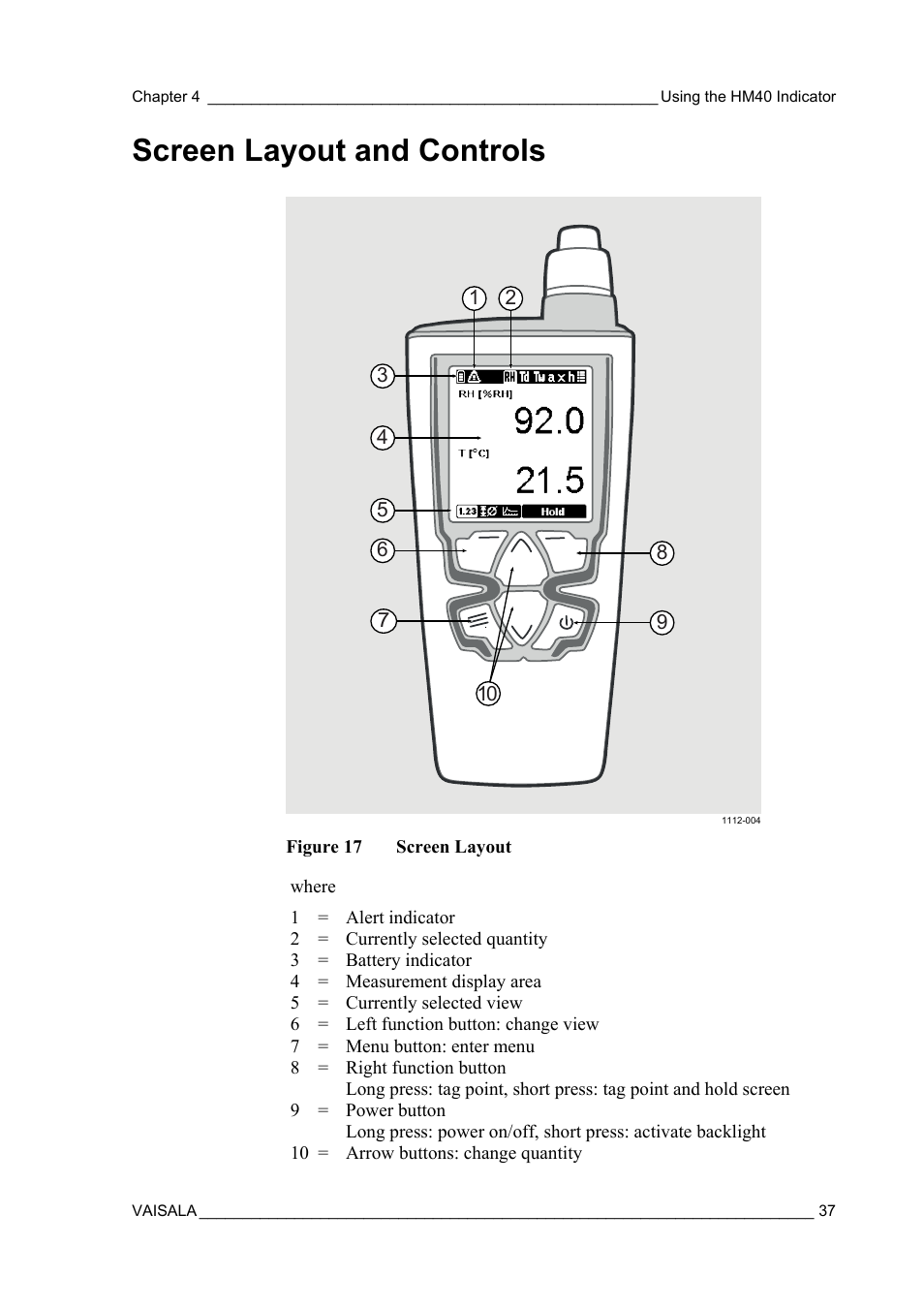 Screen layout and controls | Vaisala SHM40 User Manual | Page 39 / 68