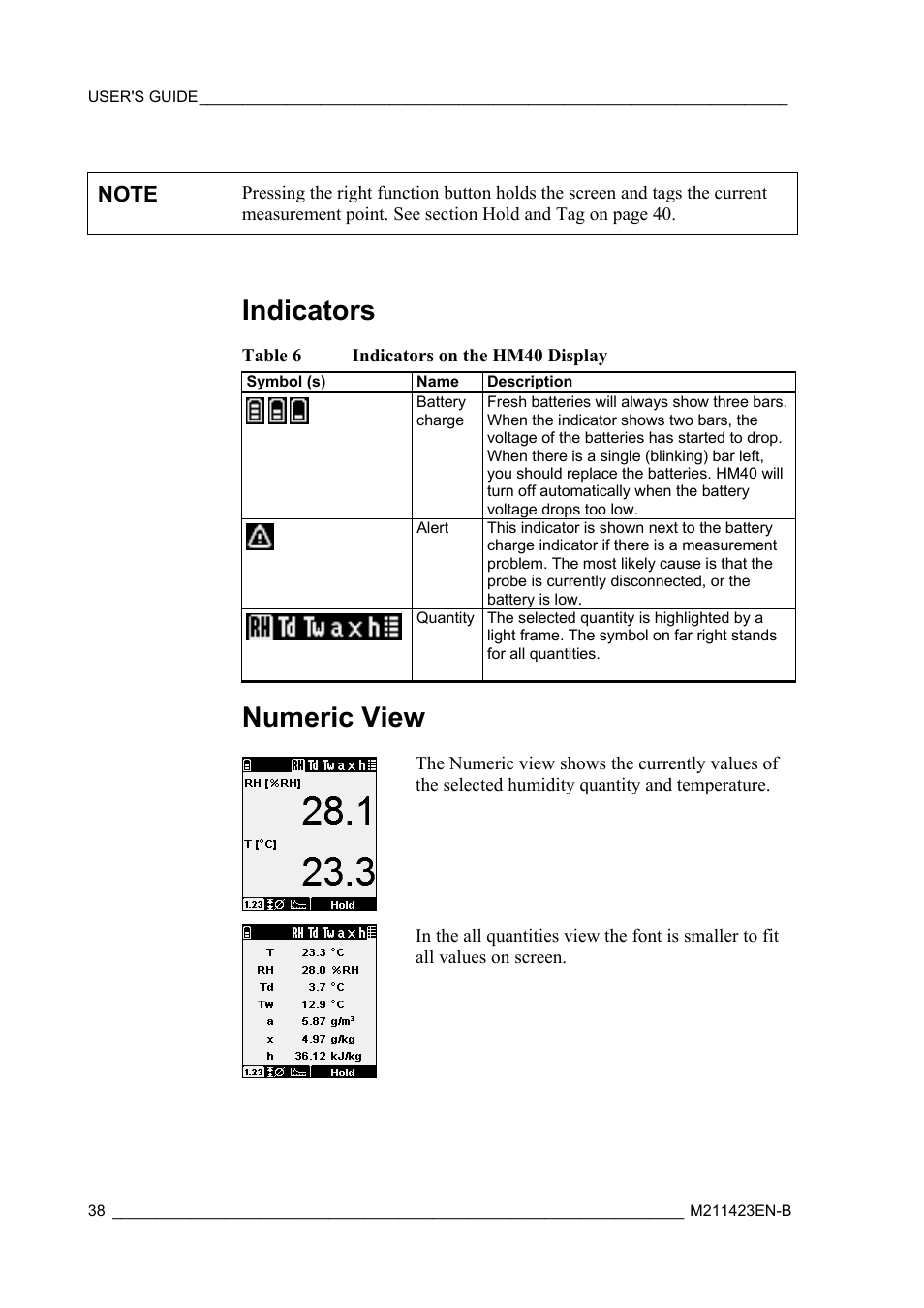Indicators, Numeric view | Vaisala SHM40 User Manual | Page 40 / 68