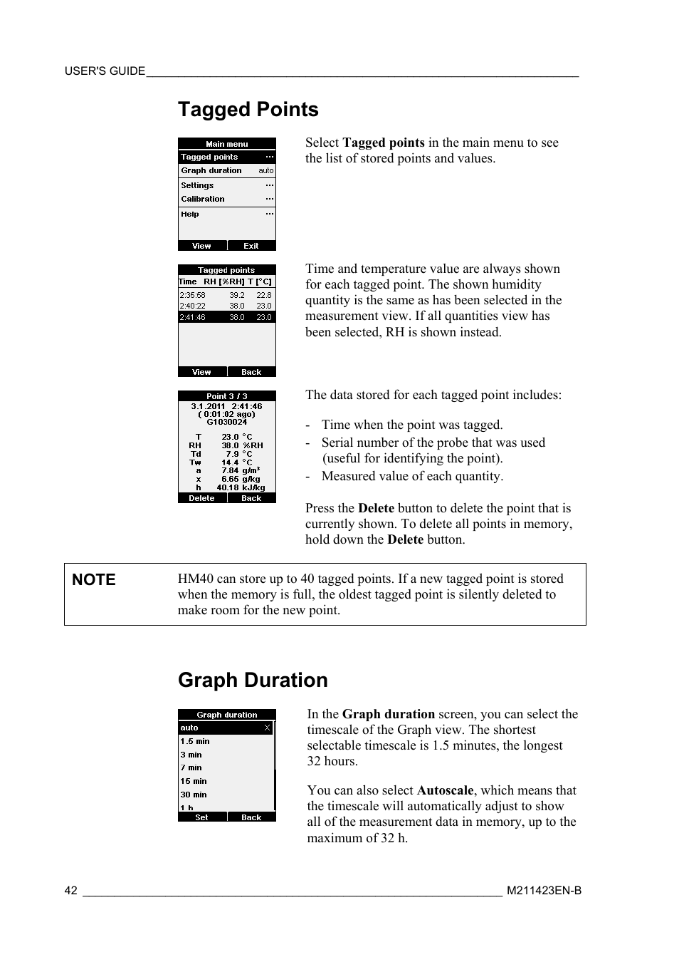 Tagged points, Graph duration | Vaisala SHM40 User Manual | Page 44 / 68