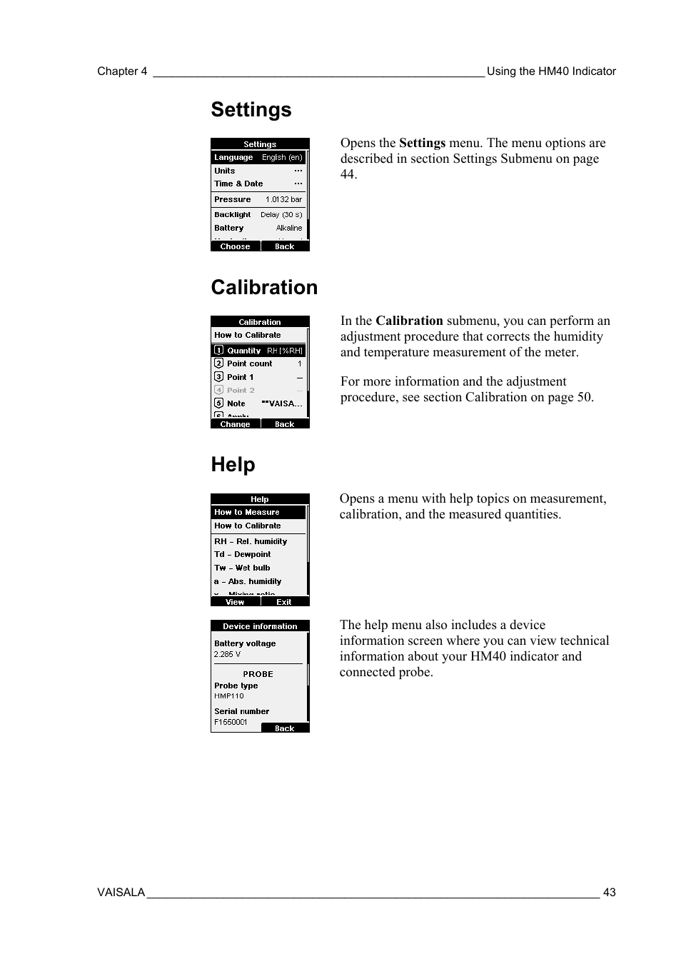 Settings, Calibration, Help | Vaisala SHM40 User Manual | Page 45 / 68