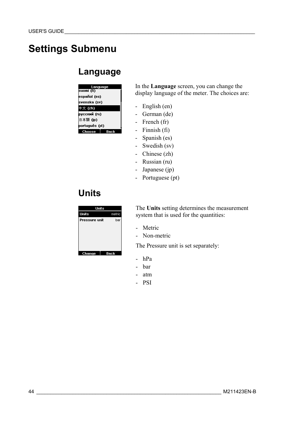 Settings submenu, Language, Units | Vaisala SHM40 User Manual | Page 46 / 68