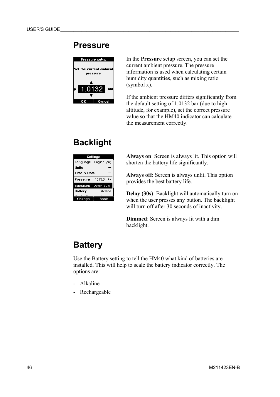 Pressure, Backlight, Battery | Vaisala SHM40 User Manual | Page 48 / 68