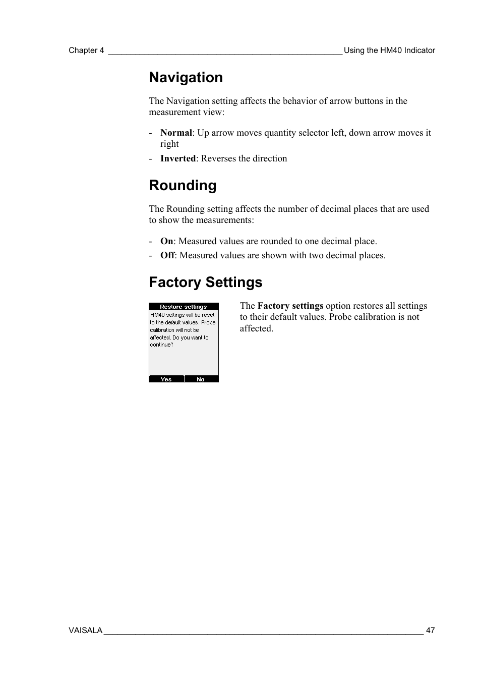 Navigation, Rounding, Factory settings | Vaisala SHM40 User Manual | Page 49 / 68