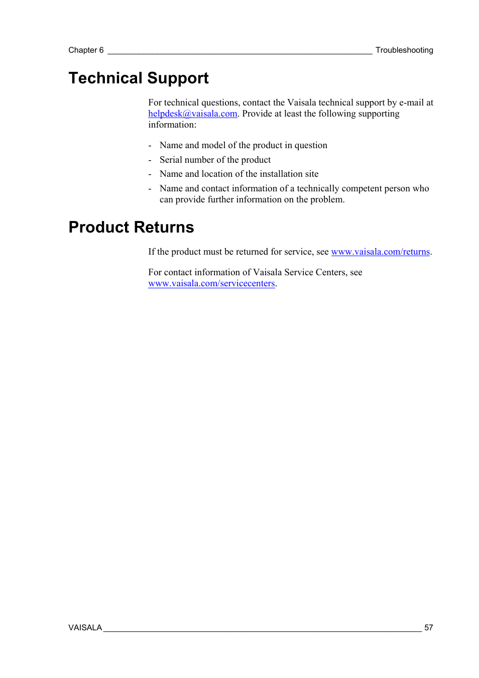 Technical support, Product returns | Vaisala SHM40 User Manual | Page 59 / 68