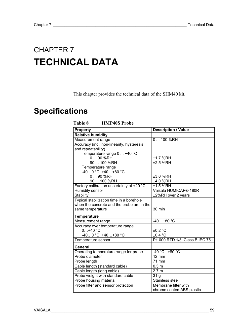 Technical data, Specifications, Chapter 7 | Vaisala SHM40 User Manual | Page 61 / 68