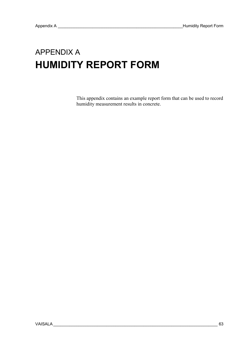 Humidity report form, Appendix a, humidity report form, contains an exam, Appendix a | Vaisala SHM40 User Manual | Page 65 / 68