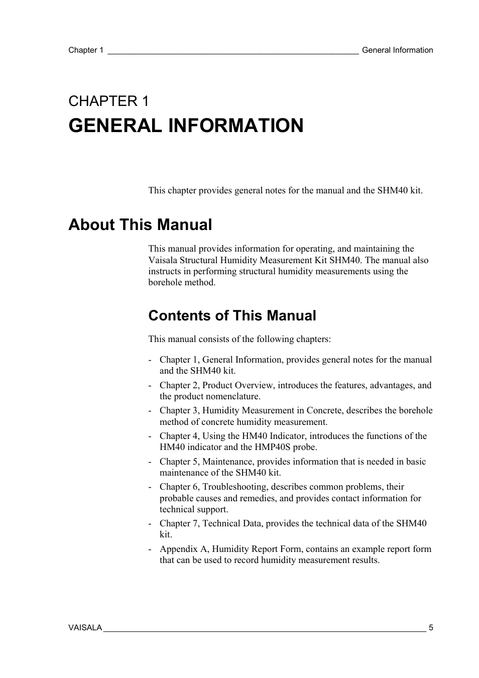 General information, About this manual, Contents of this manual | Chapter 1 | Vaisala SHM40 User Manual | Page 7 / 68