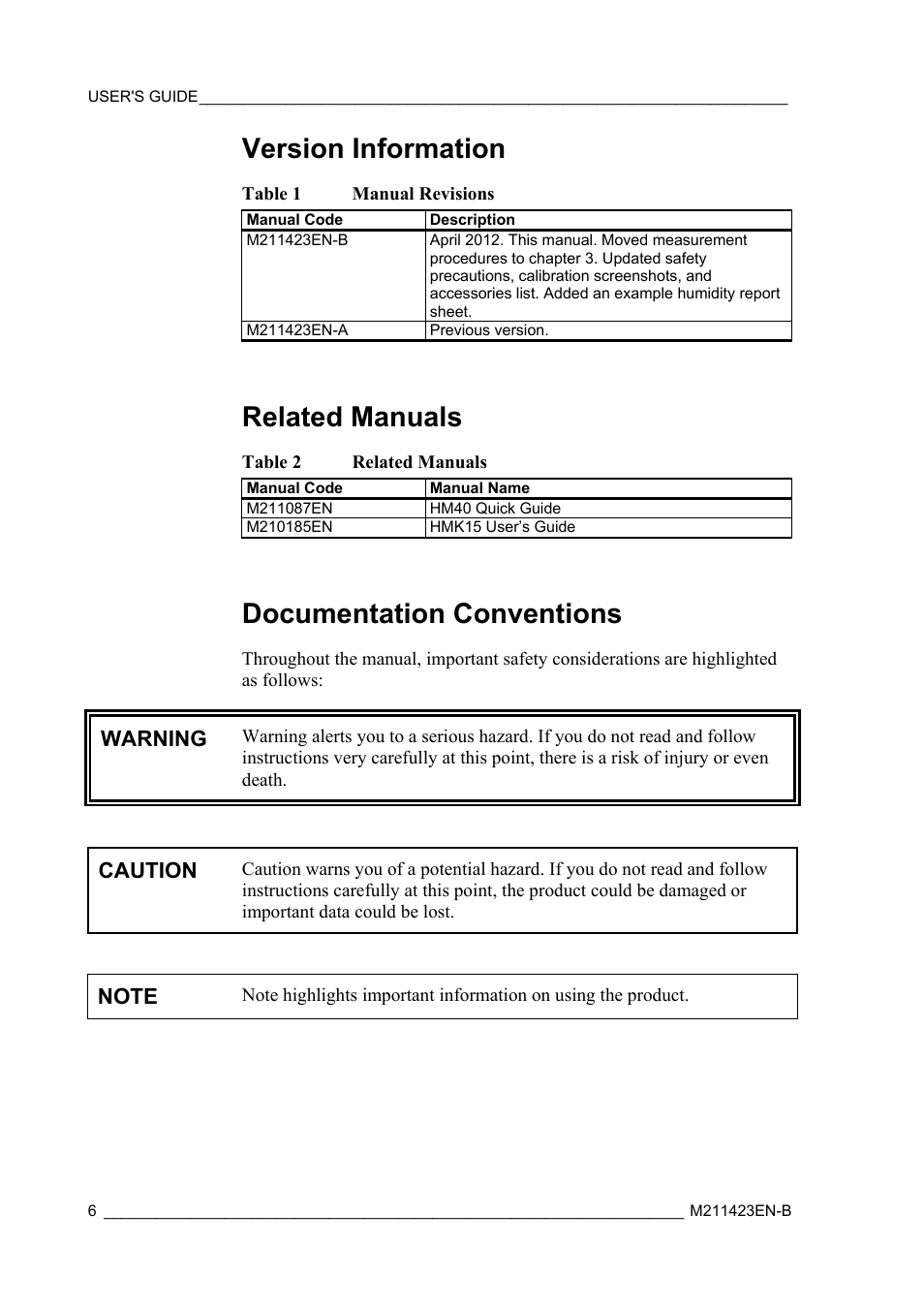Version information, Related manuals, Documentation conventions | Vaisala SHM40 User Manual | Page 8 / 68
