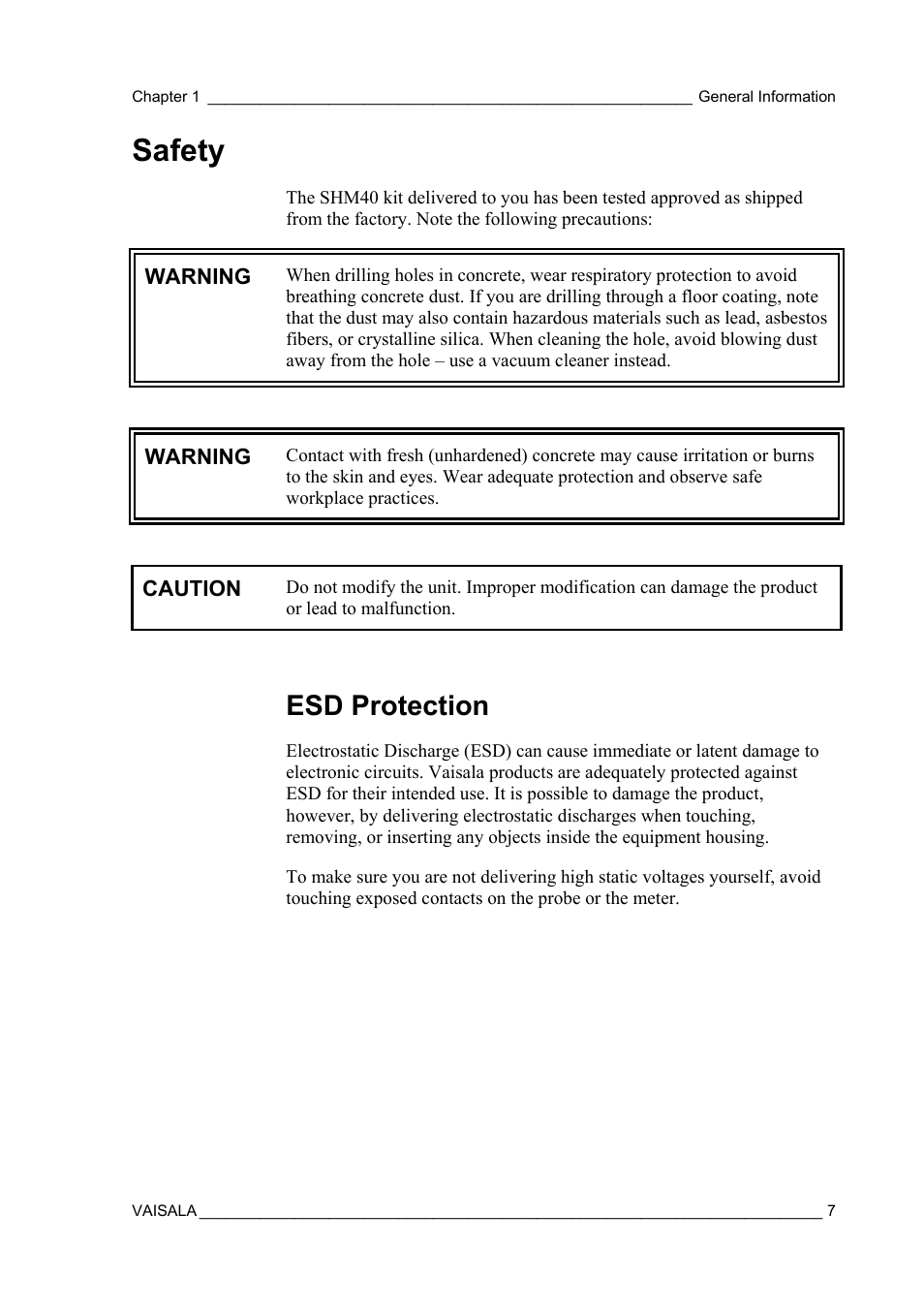 Safety, Esd protection | Vaisala SHM40 User Manual | Page 9 / 68