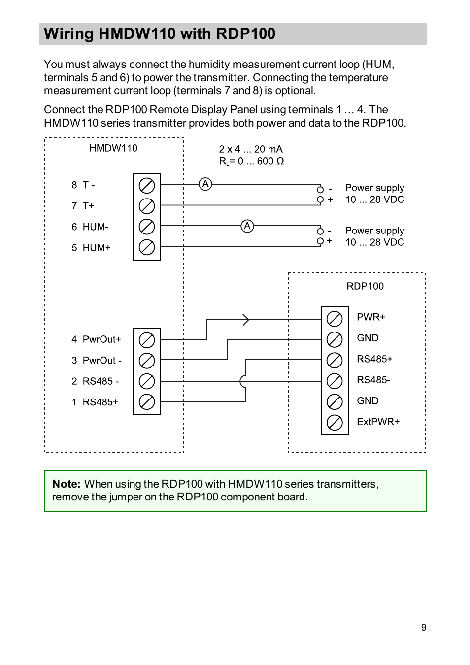 Wiring hmdw110 with rdp100 | Vaisala RDP100 User Manual | Page 11 / 14