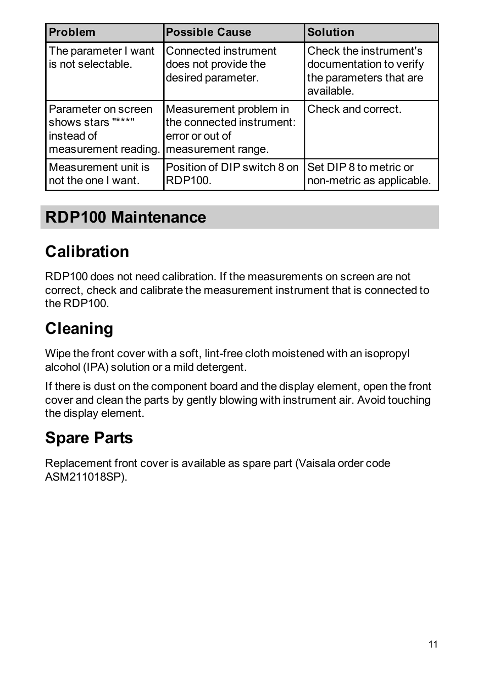 Rdp100 maintenance, Calibration, Cleaning | Spare parts, Rdp100 maintenance calibration | Vaisala RDP100 User Manual | Page 13 / 14