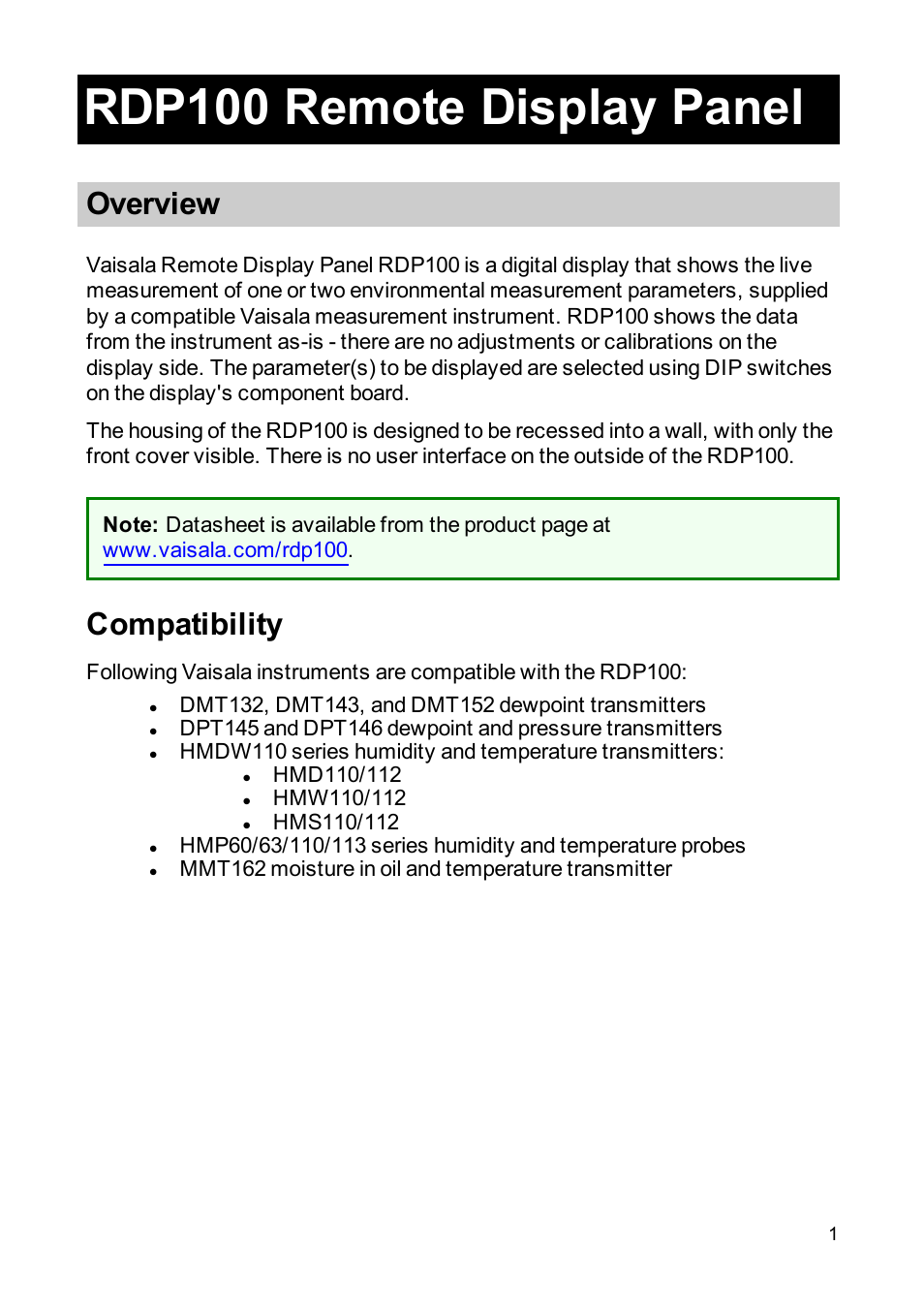 Rdp100 remote display panel, Overview, Compatibility | Vaisala RDP100 User Manual | Page 3 / 14