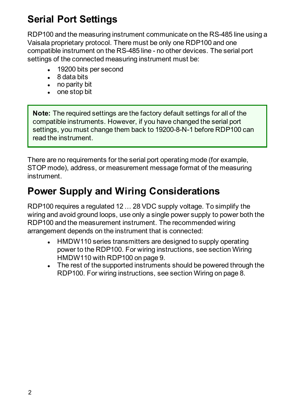 Serial port settings, Power supply and wiring considerations | Vaisala RDP100 User Manual | Page 4 / 14