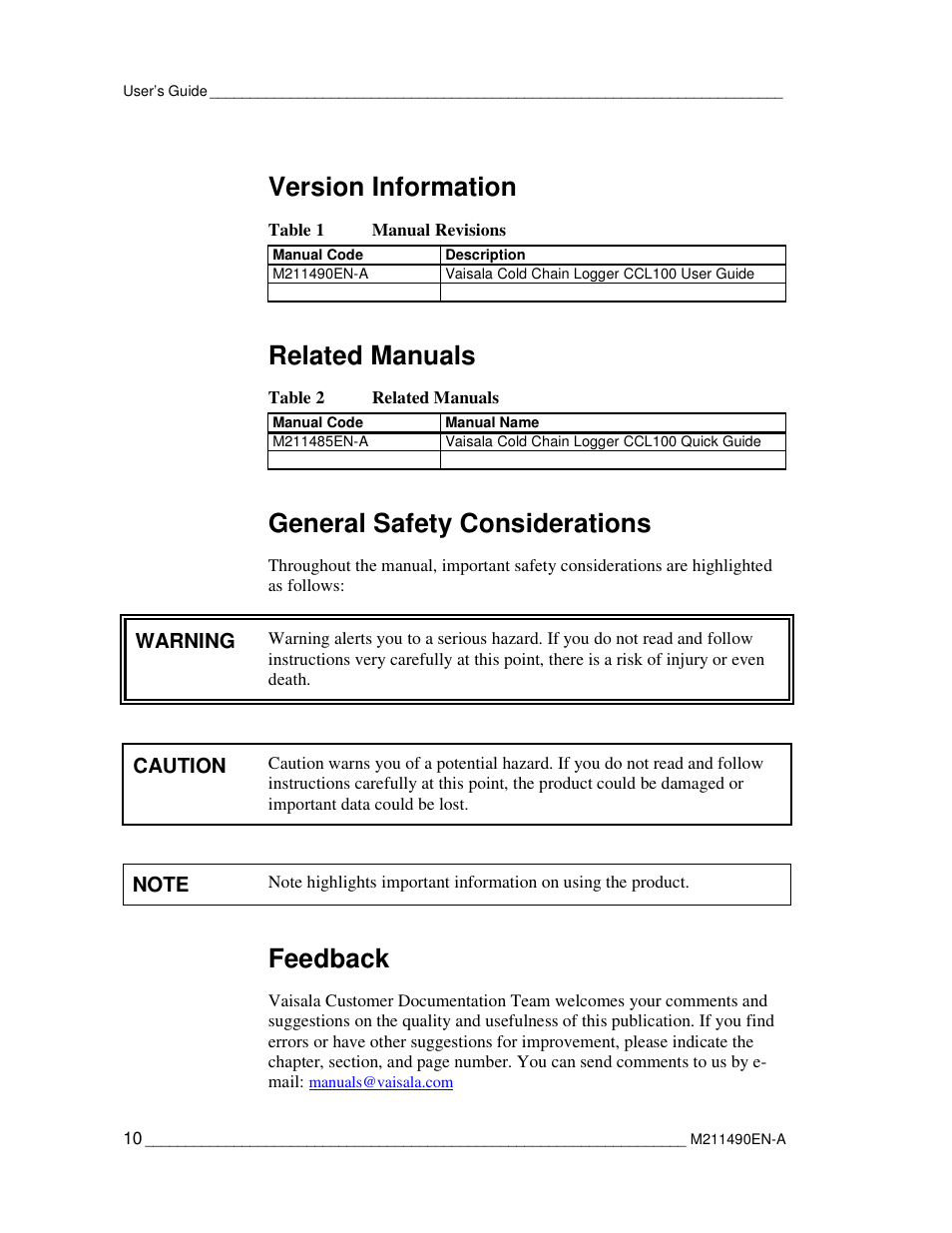 Version information, Related manuals, General safety considerations | Feedback | Vaisala CCL100 User Manual | Page 10 / 120