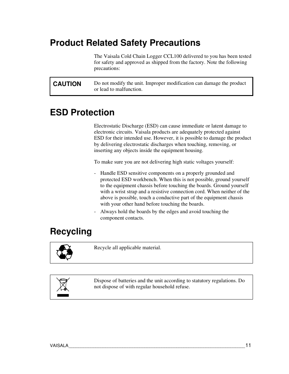 Product related safety precautions, Esd protection, Recycling | Vaisala CCL100 User Manual | Page 11 / 120