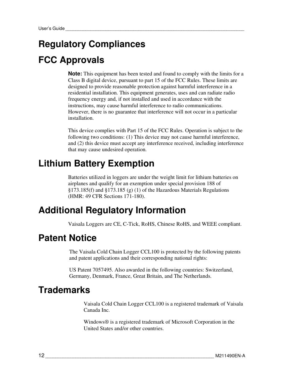 Regulatory compliances fcc approvals, Lithium battery exemption, Additional regulatory information | Patent notice, Trademarks | Vaisala CCL100 User Manual | Page 12 / 120
