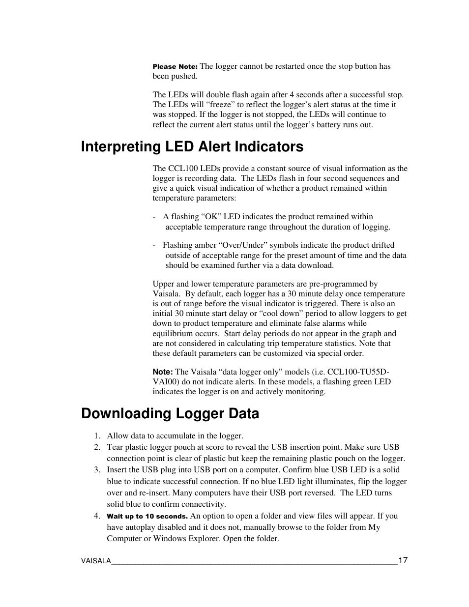 Interpreting led alert indicators, Downloading logger data | Vaisala CCL100 User Manual | Page 17 / 120