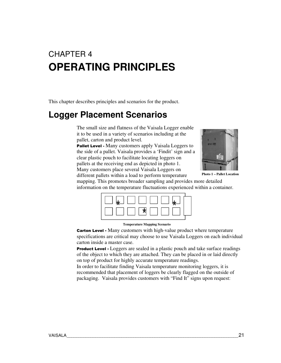 Operating principles, Logger placement scenarios, Chapter 4 | Vaisala CCL100 User Manual | Page 21 / 120