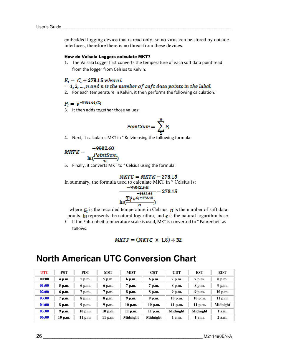 North american utc conversion chart | Vaisala CCL100 User Manual | Page 26 / 120