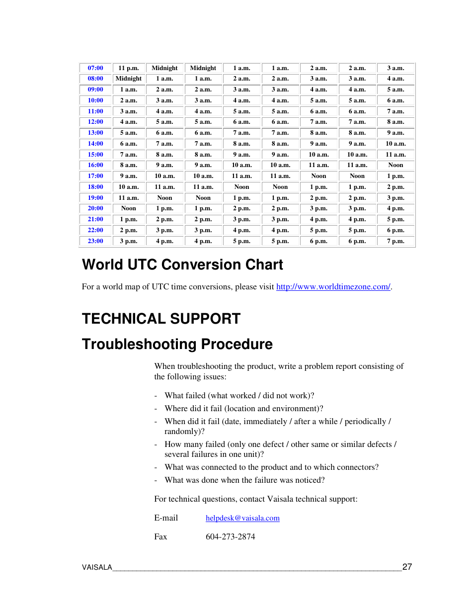 World utc conversion chart, Technical support troubleshooting procedure | Vaisala CCL100 User Manual | Page 27 / 120