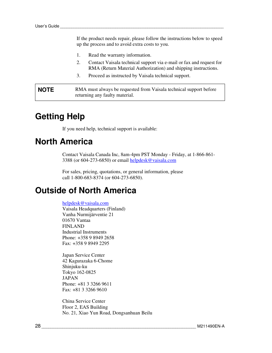 Getting help, North america, Outside of north america | Vaisala CCL100 User Manual | Page 28 / 120