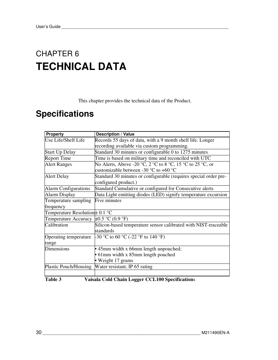 Technical data, Specifications, Chapter 6 | Vaisala CCL100 User Manual | Page 30 / 120
