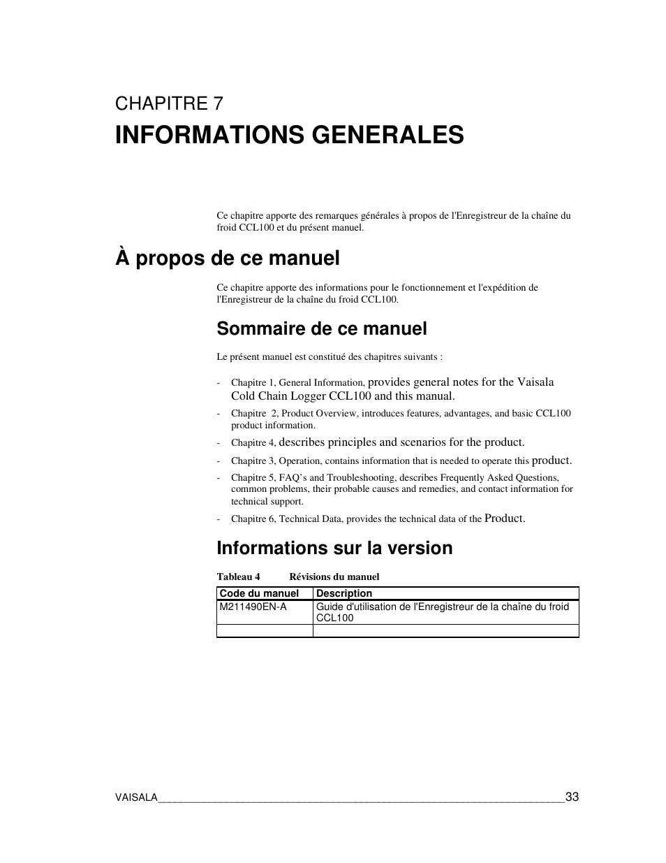 Informations generales, À propos de ce manuel, Chapitre 7 | Sommaire de ce manuel, Informations sur la version | Vaisala CCL100 User Manual | Page 33 / 120