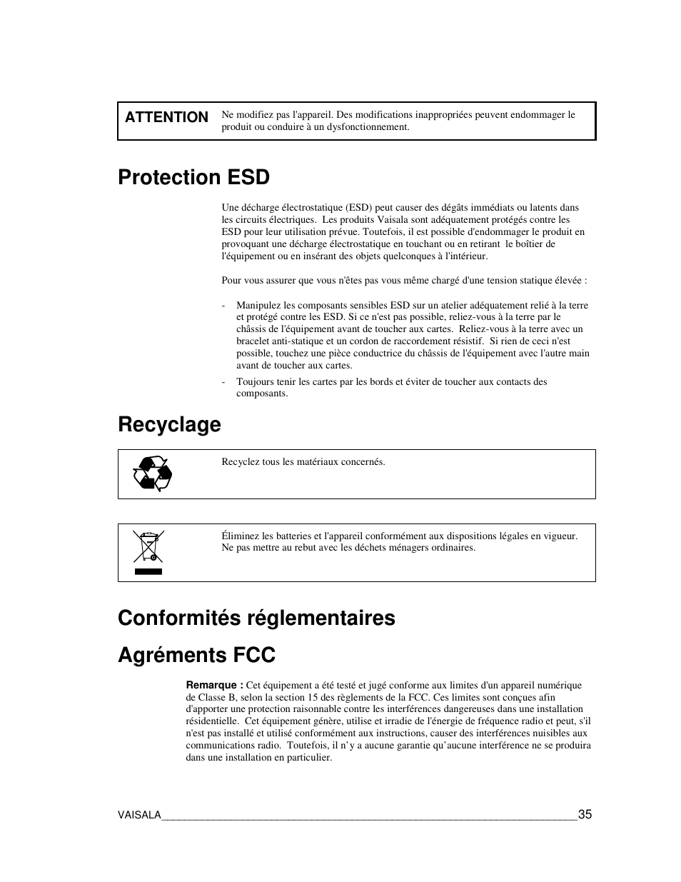 Protection esd, Recyclage, Conformités réglementaires agréments fcc | Vaisala CCL100 User Manual | Page 35 / 120