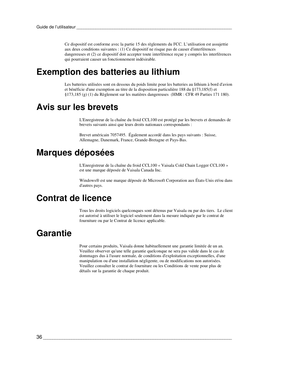 Exemption des batteries au lithium, Avis sur les brevets, Marques déposées | Contrat de licence, Garantie | Vaisala CCL100 User Manual | Page 36 / 120