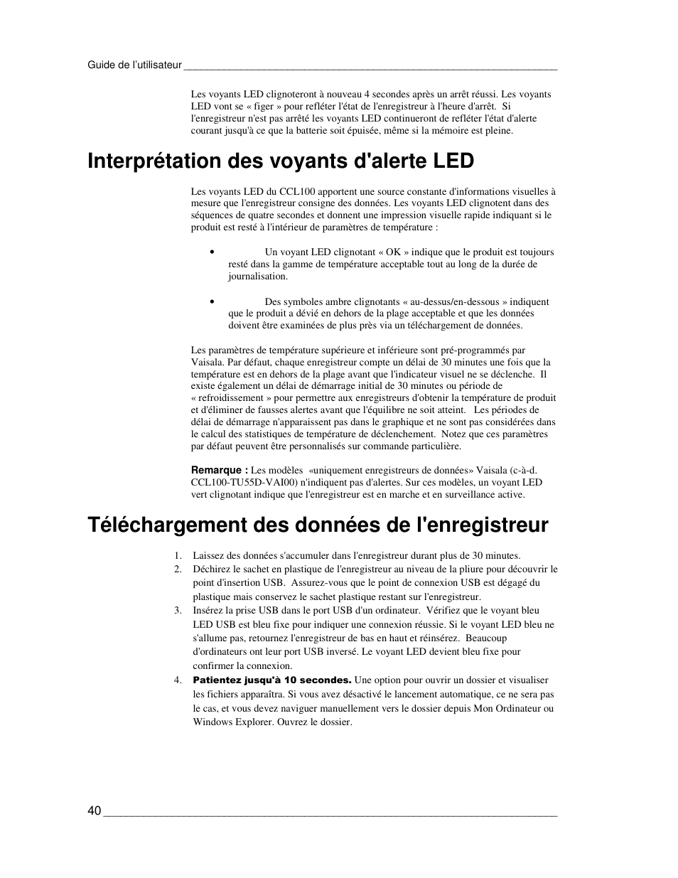 Interprétation des voyants d'alerte led, Téléchargement des données de l'enregistreur | Vaisala CCL100 User Manual | Page 40 / 120