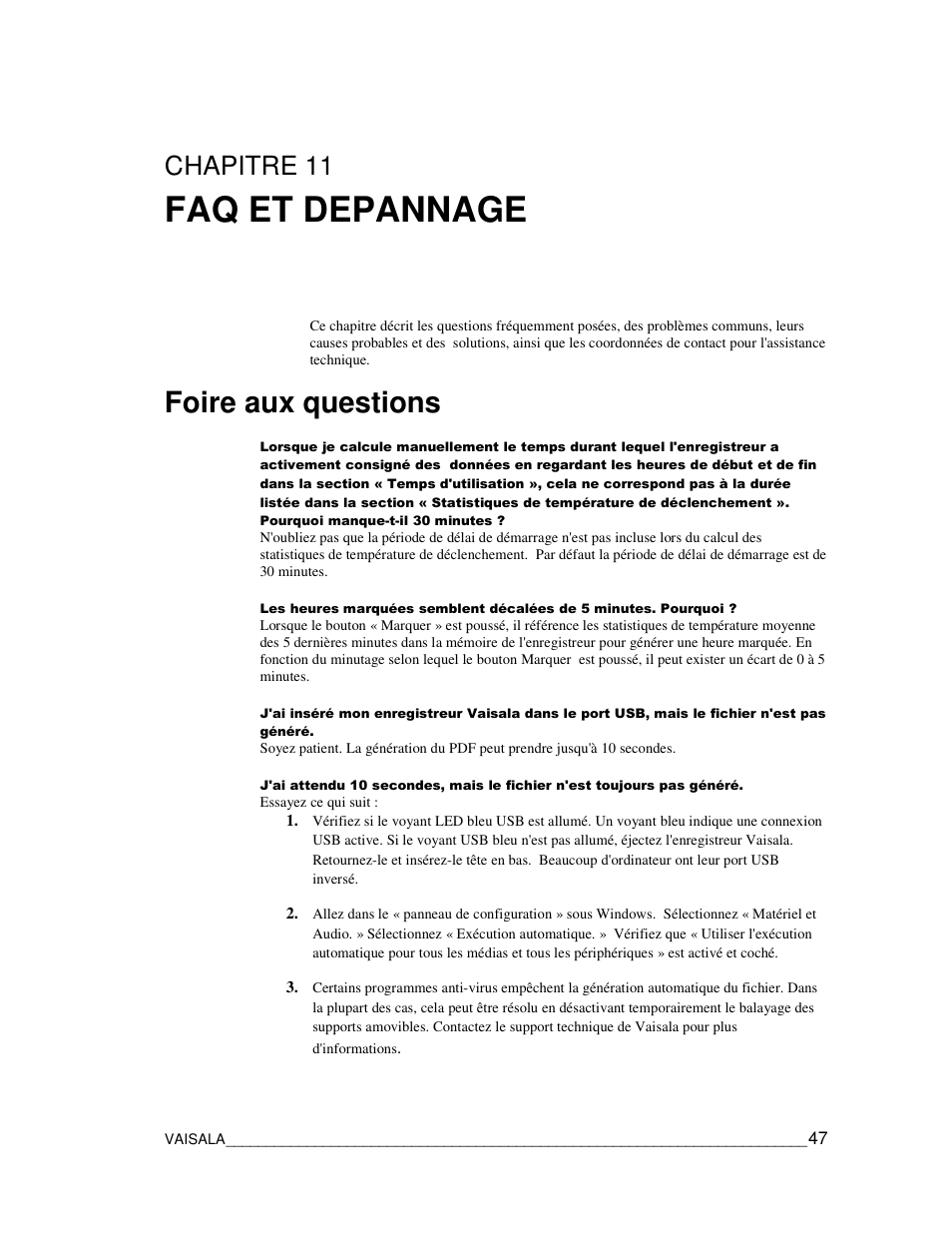 Faq et depannage, Foire aux questions, Chapitre 11 | Vaisala CCL100 User Manual | Page 47 / 120