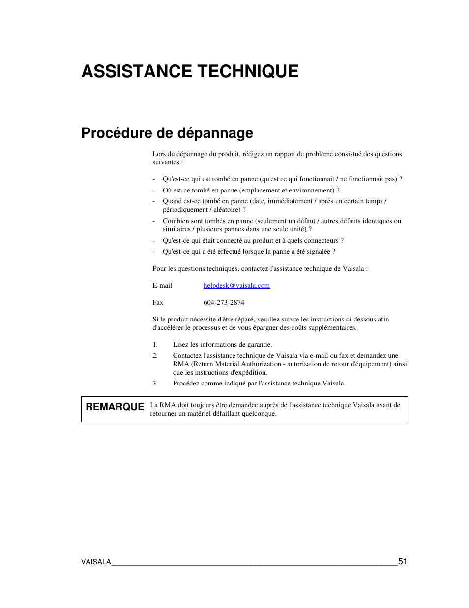 Assistance technique, Procédure de dépannage, Remarque | Vaisala CCL100 User Manual | Page 51 / 120