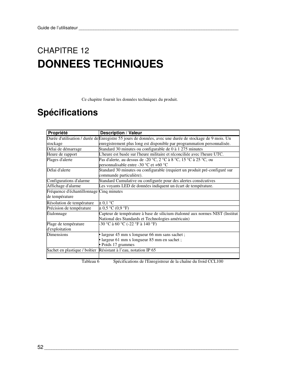 Donnees techniques, Spécifications, Chapitre 12 | Vaisala CCL100 User Manual | Page 52 / 120