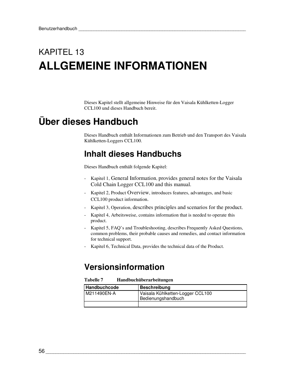 Allgemeine informationen, Über dieses handbuch, Kapitel 13 | Inhalt dieses handbuchs, Versionsinformation | Vaisala CCL100 User Manual | Page 56 / 120