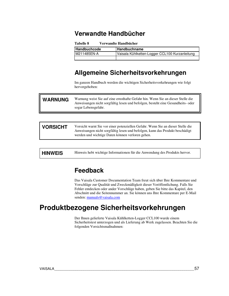 Produktbezogene sicherheitsvorkehrungen, Verwandte handbücher, Allgemeine sicherheitsvorkehrungen | Feedback | Vaisala CCL100 User Manual | Page 57 / 120