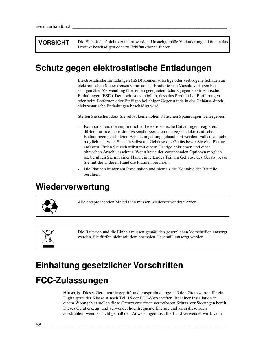 Schutz gegen elektrostatische entladungen, Wiederverwertung | Vaisala CCL100 User Manual | Page 58 / 120