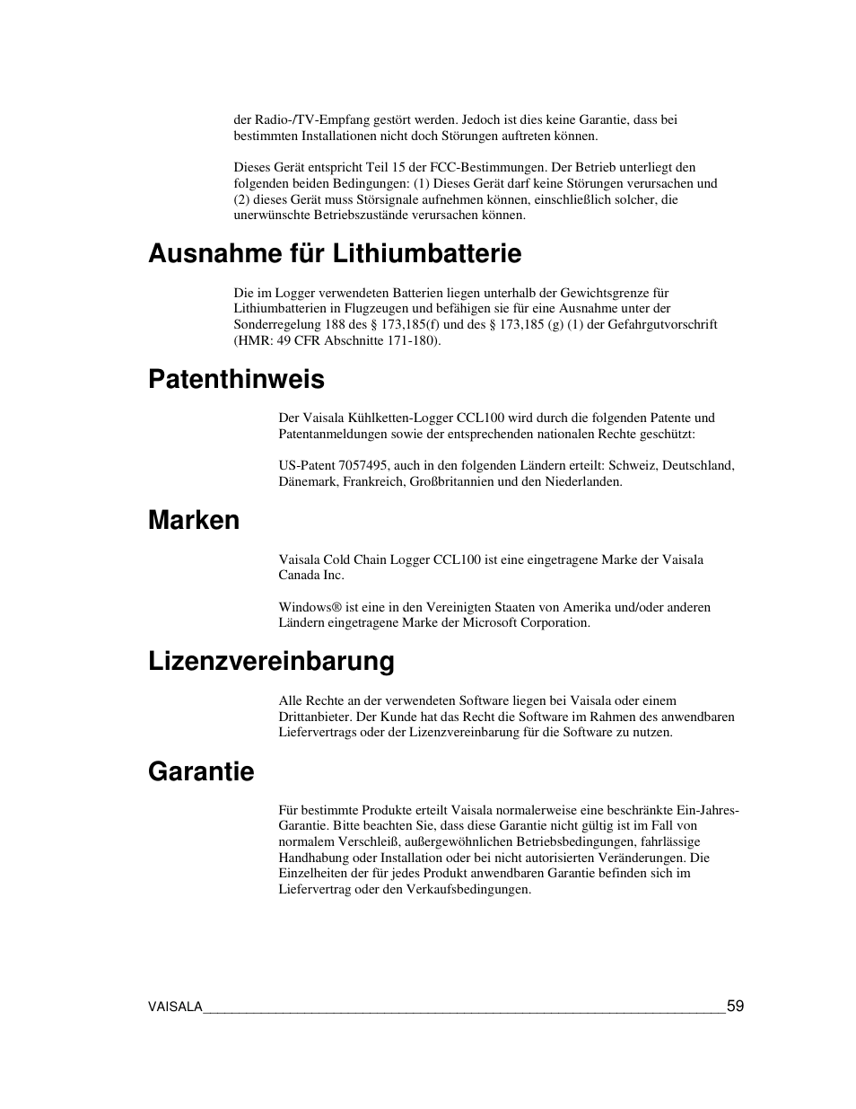 Ausnahme für lithiumbatterie, Patenthinweis, Marken | Lizenzvereinbarung, Garantie | Vaisala CCL100 User Manual | Page 59 / 120