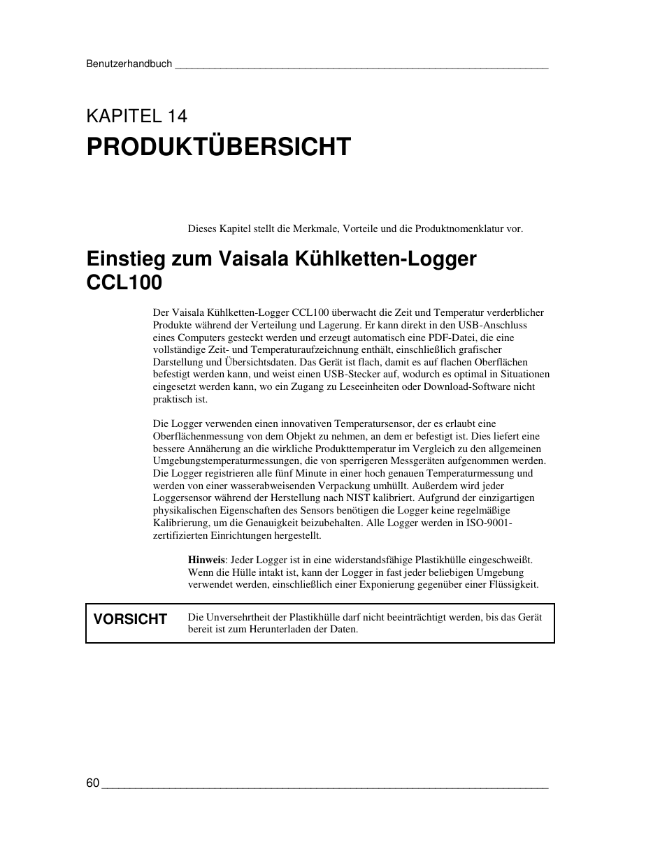 Produktübersicht, Einstieg zum vaisala kühlketten-logger ccl100, Kapitel 14 | Vaisala CCL100 User Manual | Page 60 / 120