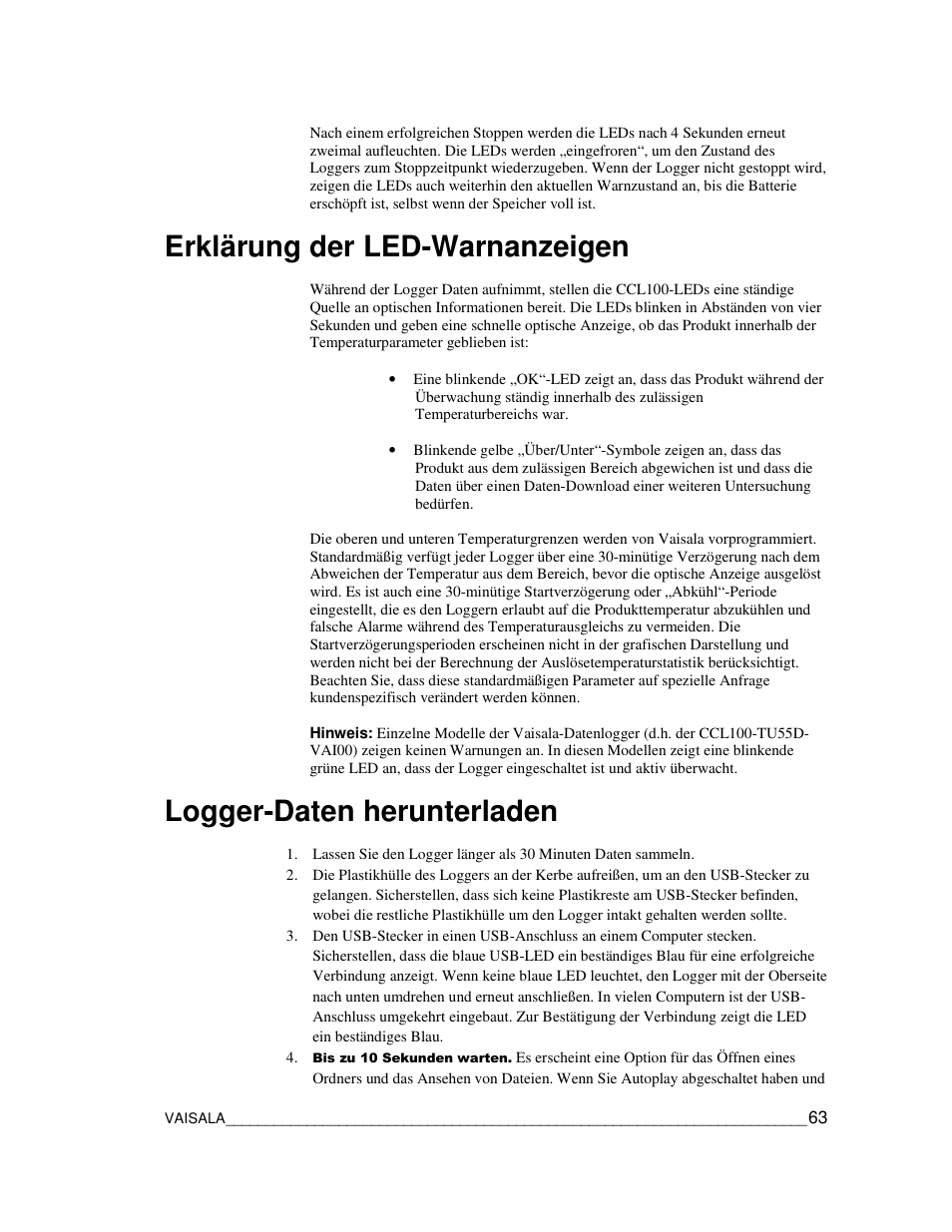 Erklärung der led-warnanzeigen, Logger-daten herunterladen | Vaisala CCL100 User Manual | Page 63 / 120