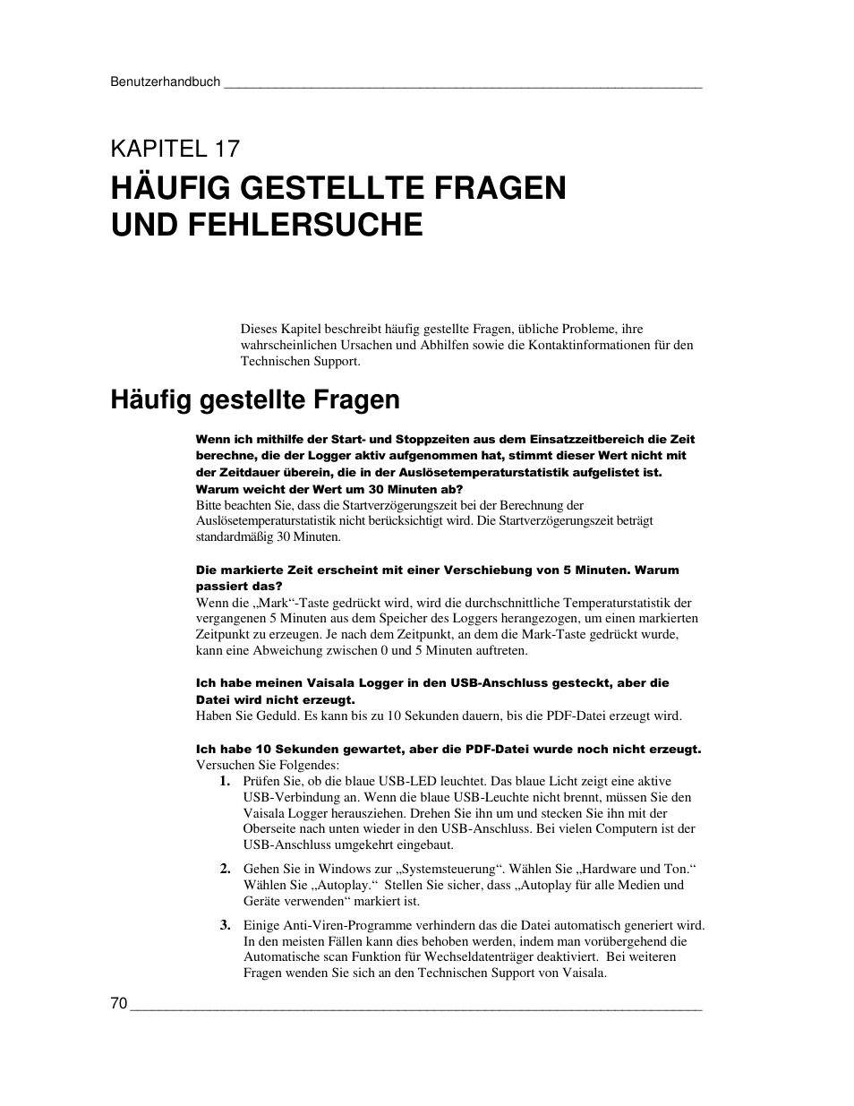 Häufig gestellte fragen und fehlersuche, Häufig gestellte fragen, Kapitel 17 | Vaisala CCL100 User Manual | Page 70 / 120